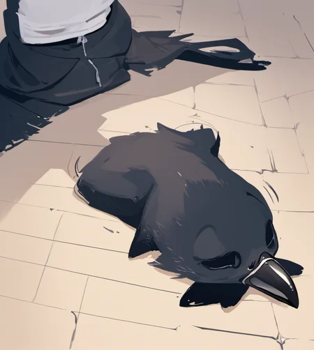 score_9, score_8_up, score_7_up, high res:1.5, digital media (artwork), lineless:1.5, motion lines, avian, crow, beak, black skin, male, <lora:Suiting_and_Masking:1> lying, costume on floor, high-angle view