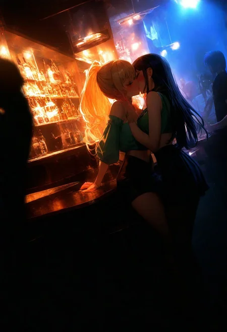 score_9, score_8_up, score_7_up, score_6_up, very aesthetic, masterpiece, best quality, highres, absurdres, cinematic lighting, dynamic angle, detailed, intricate details, perfection,
BREAK,
(2 girls kissing), 24yo, beautiful face, full lips, long hair, makeup, eyeliner, mascara, medium breasts,
BREAK,
short skirt, crop top, 
in a crowded bar, people in the background,