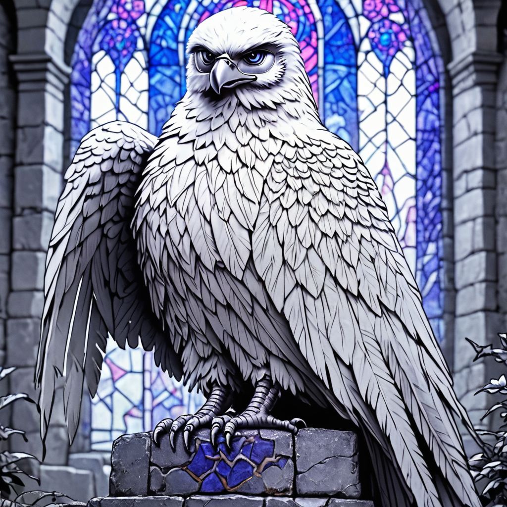 Score_9, score_8_up, score_7_up, score_6_up, BREAK  <lora:Moonlit_MinimalismPony:1> ArsMJStyle, Moonlit  Minimalism, The image shows a bald eagle perched atop a stone wall surrounded by a frame of intricate stained glass designs. The eagle is depicted in a realistic style with its wings spread wide and its head turned to the side giving it a majestic look. The colors of the glass are vibrant and the details of the eagle's feathers and beak are clearly visible making it a perfect coloring page for adults., wings, monochrome, feathered wings, solo, no humans, stained glass, feathers