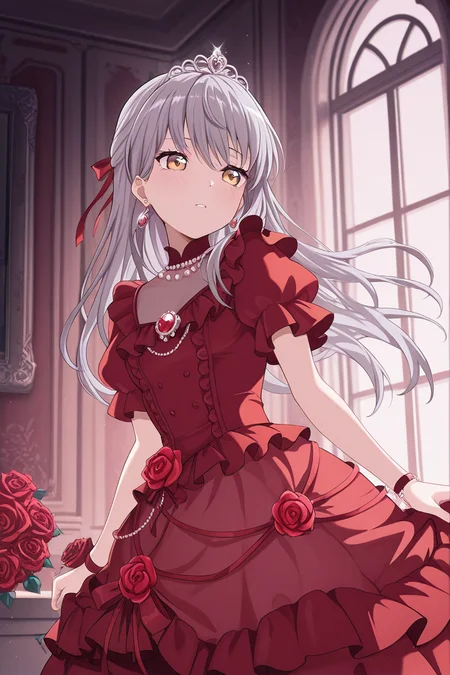 masterpiece, best quality, amazing quality,
<lora:Yukina_IL:1> yukina, 1girl, dress, solo, flower, rose, long hair, red flower, red rose, red dress, jewelry, tiara, window, grey hair, frills, indoors, ribbon, earrings