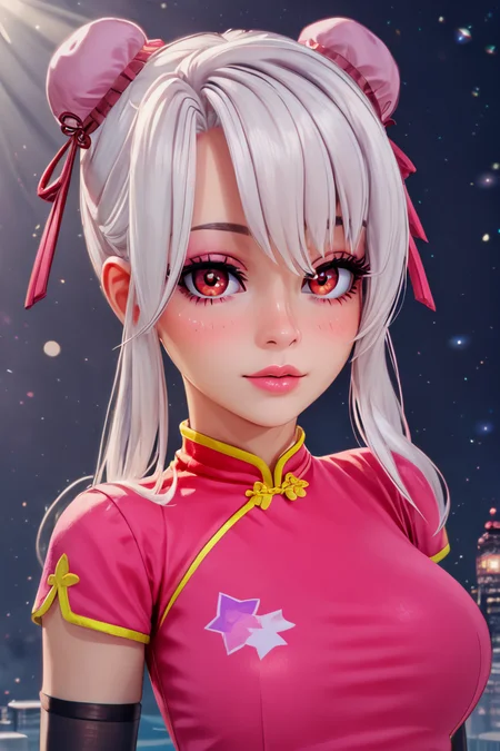 score_9, score_8_up, score_8, large breasts, (curvy), cute, eyelashes, ,,, , ,,, zQipaoIllyaCitron, red eyes, hair bun, hair ribbon, sidelocks, white hair, bun cover, chinese clothes, china dress, elbow gloves, black thighhighs, <lora:QipaoIllya_CitronOC_PDXL:1.0>, ,,,, BREAK, (ultra realistic,32k, masterpiece:1.2),(high detailed skin:1.1),( high quality:1.1), head tilt, lips, closed mouth, shiny clothes, (upper body), looking at viewer, bokeh, luminescent background, ,,, embedding:zPDXL, Expressiveh, ,,, <lora:RlAnmPDXL:1.0>,