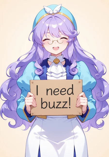 <lora:PAccord_SDXL_Illustrious11_fp16_ver01:1>,PAccord, 1girl, long hair, purple hair, curly hair, pince-nez, closed eyes, blue headwear, blue jacket, white dress, ascot, blue footwear, cowboy shot, cute, look at viewer, open mouth, smile, (masterpiece), best quality, (highly detailed), very aesthetic, absurdres,<lora:detailed_hands:1>, hand, (need_buzz, holding sign:1.2)