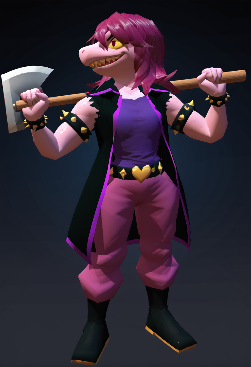 n64zeldastyle 3d polygonal 1girl solo susie dr scalie anthro purple hair sharp teeth profile happy smile susiejacket susiepants studded armlet bracelet heart belt standing full body holding weapon axe dark background score_9 score_8_up score_7_up score_6_up score_5_up score_4_up <lora:zs_N64ZeldaStyleXL:1> <lora:Susie_-_Deltarune:1>