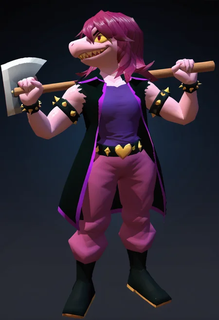 n64zeldastyle 3d polygonal 1girl solo susie dr scalie anthro purple hair sharp teeth profile happy smile susiejacket susiepants studded armlet bracelet heart belt standing full body holding weapon axe dark background score_9 score_8_up score_7_up score_6_up score_5_up score_4_up <lora:zs_N64ZeldaStyleXL:1> <lora:Susie_-_Deltarune:1>