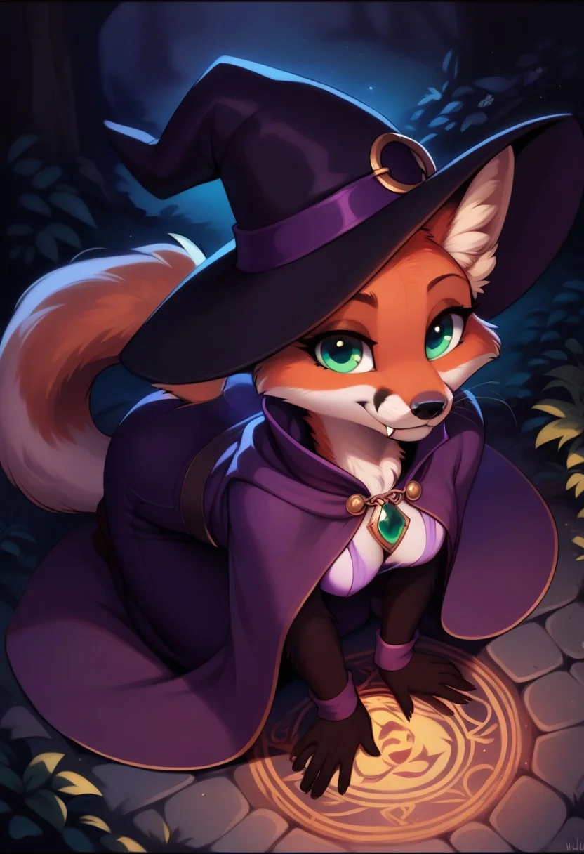 score_9, score_8_up, score_7_up, highres, high quality, perfection,
BREAK
1girl, (solo: 2.0), girl alone, from above, halloween,
BREAK
furry female, fox girl, (anthro fox girl: 1.2), beautiful girl, cute girl, adult, 20 years old, detailed body, detailed fur, shapely girl, (slim body: 1.2), petite body, (bald_girl: 1.2), (baldness: 2.0), detailed face, beautiful face, eyelashes, (green eyes: 1.2), perfect eyes, detailed eyes, fangs, whiskers, medium breasts, fluffy tail,
clothed, (wizard: 1.3), purple robe, purple dress, high collar, cape, purple wizard hat, pendant with green gem,
dynamic pose, sitting in big magic circle, all fours, magic, magic sparks, casting spell, smiling, looking ahead,
BREAK
outdoors, detailed background,
