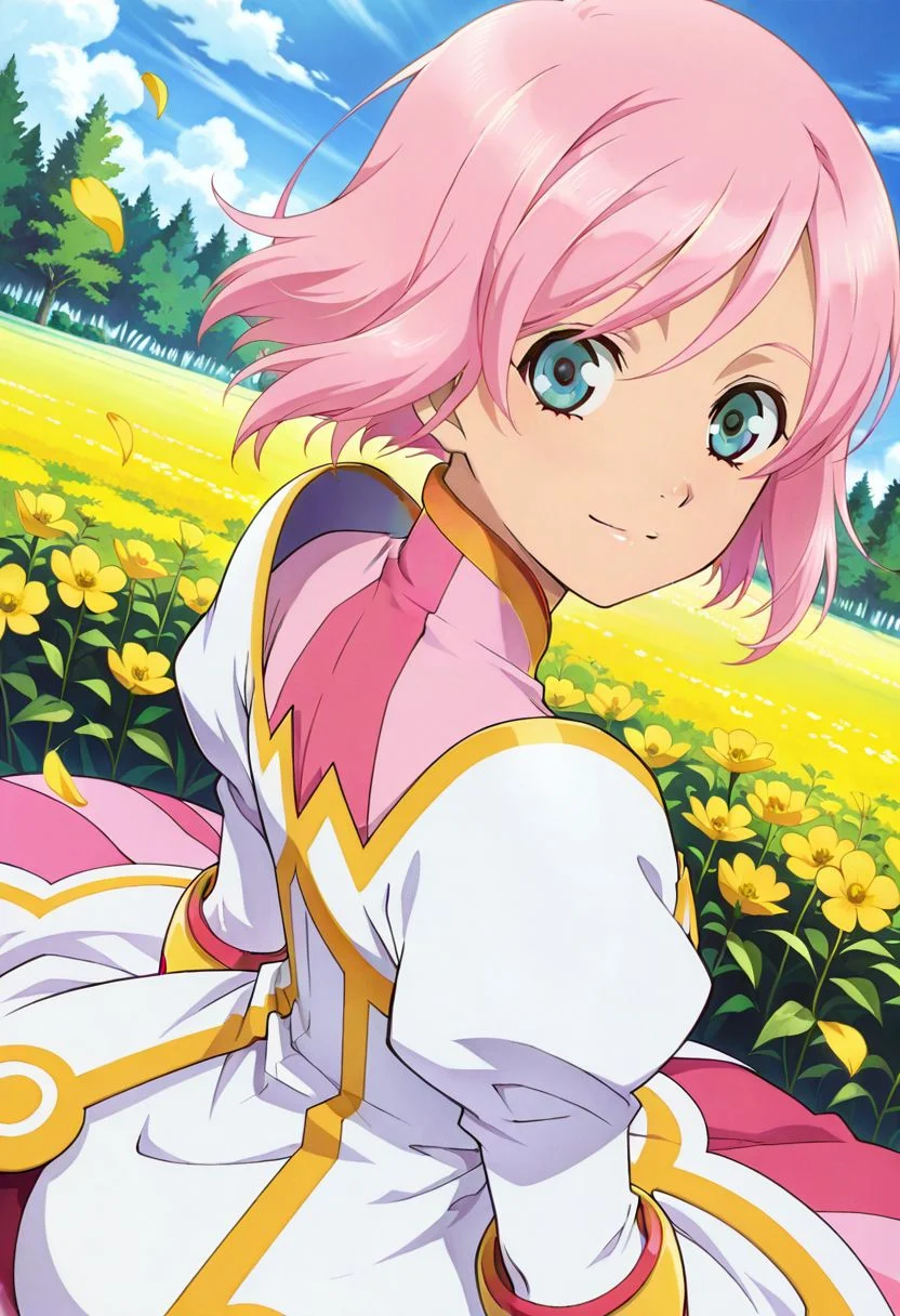 detailed eyes, beautiful, detailed background, perfect eyes,
source_anime, very aesthetic, anime coloring, masterpiece, official art,
<lora:HandFineTuning_XL:1>
BREAK,
flower field, flower petals. yellow flowers, forest, sky,
from side, looking back, looking at viewer, light smile, sitting, floating hair,
from above, dynamic angle,
BREAK,
<lora:estelleX_illustriousXL_v03:0.9>
estellebase, estellise sidos heurassein, pink hair, short hair, green eyes, bangs, 
dress, layered dress, juliet sleeves, puffy sleeves, long sleeves, elbow gloves, white gloves,