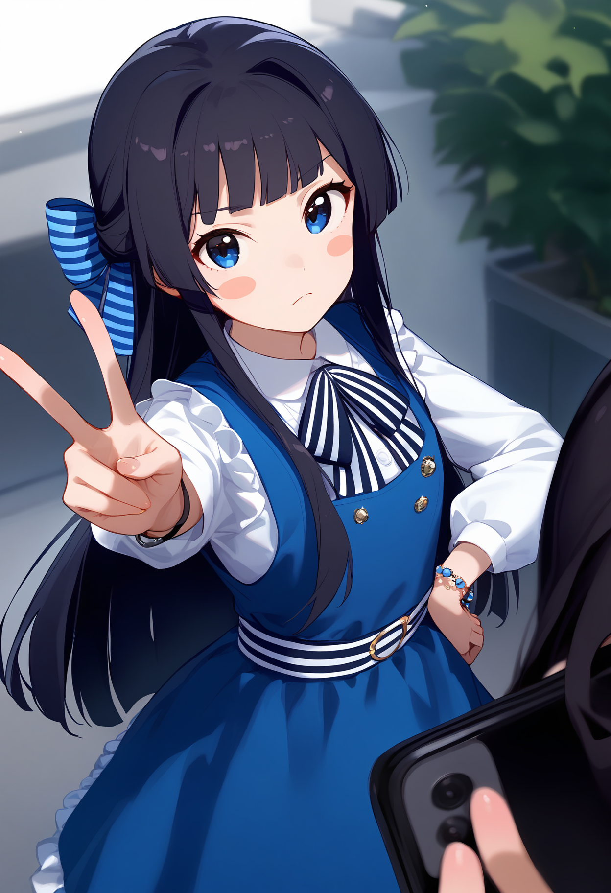 1girl,
mogami shizuka,


holding phone, blunt bangs, sleeveless, dress, light frown, blue eyes, closed mouth, half updo, bracelet, blue dress, striped bow, shirt, hand on own hip, solo, blush stickers, frilled dress, taking picture, pinafore dress, jewelry, hair bow, bow, black hair, v, long hair, striped, double v, white shirt, looking at viewer, phone, sleeveless dress, sidelocks, frills, long sleeves, cellphone, holding,

sfw
<lora:a31_char_new_mogami_shizuka-000022:1> <lora:a31_style_koni-000010:0.8>