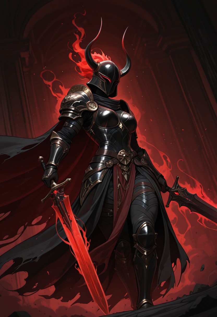 dmsty, helmet Closeup, 1girl, masterpiece, best quality, good quality, newest, highres, absurdres, dark Knightess, Angle, durch Angle, Action Scene, hyperdetailed,  billowing cape, intricate Armor, Torn Cape, Wind, particles, head Closeup, intricate chestplate, intricate pauldron, towering pauldron, Ethereal Aura, Dragon pauldron, Angle, Headshot, Horns, helmet, wielding sword, great sword, muscular, Red and White, two toned, painting, Parodie,