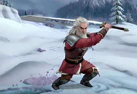 geralt as a (r0b0t_s4nta_c1aus), holding a sword, solo,
high guard sword parry stance, incoming vertical sword attack
at a frozen lake,
game screenshot,
looking at the camera,
sfw