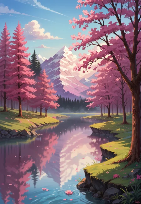 A breathtaking, serene landscape at sunrise, with vibrant golden and pink hues reflecting on a crystal-clear lake. Majestic snow-capped mountains rise in the distance, surrounded by lush green forests and cherry blossom trees in full bloom. Soft light filters through mist, creating a magical, ethereal atmosphere. Ultra-detailed digital painting, rich colors, and harmonious composition. Style: Realistic yet dreamy, evoking awe and tranquility.
 <lora:add-detail-xl:1>
 <lora:Dynamic Poses:1>