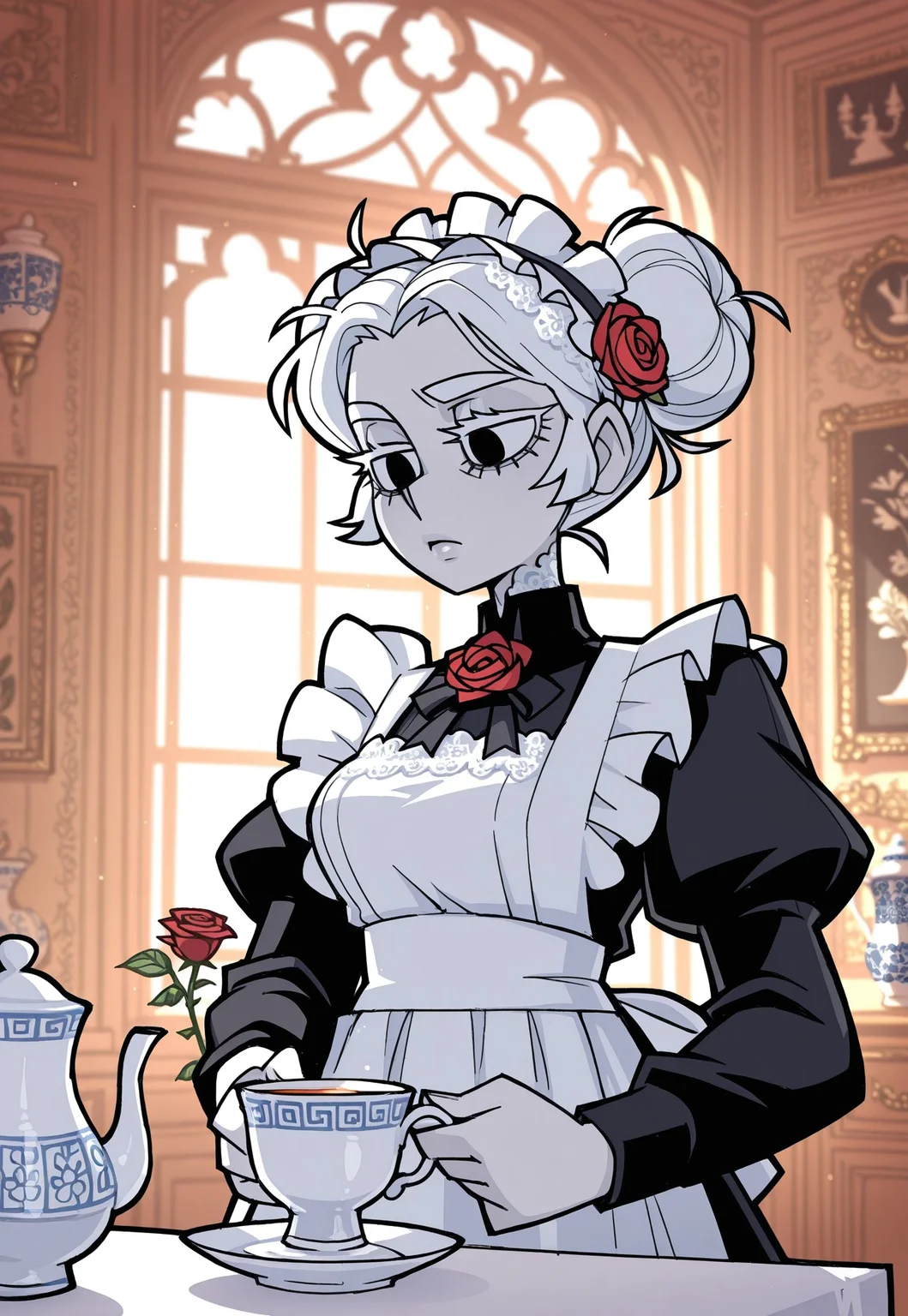 safe_pos, masterpiece, best quality, 1girl, solo, maid, maid apron, black dress, long sleeves, maid headdress, white embroidery, pale skin, red rose ornament on hair, glowing white hair, white eyelashes, white eyebrows, porcelain skin, black eyes, glossy lips, short hair, messy bun, double bun, goth make up, cute, preparing tea, indoors, baroque, chateau, porcelain, fancy paintings, morning, sunrise,
vanripper