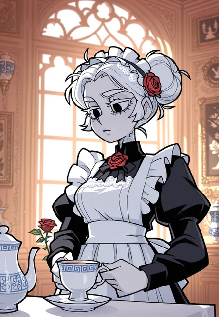 safe_pos, masterpiece, best quality, 1girl, solo, maid, maid apron, black dress, long sleeves, maid headdress, white embroidery, pale skin, red rose ornament on hair, glowing white hair, white eyelashes, white eyebrows, porcelain skin, black eyes, glossy lips, short hair, messy bun, double bun, goth make up, cute, preparing tea, indoors, baroque, chateau, porcelain, fancy paintings, morning, sunrise,
vanripper