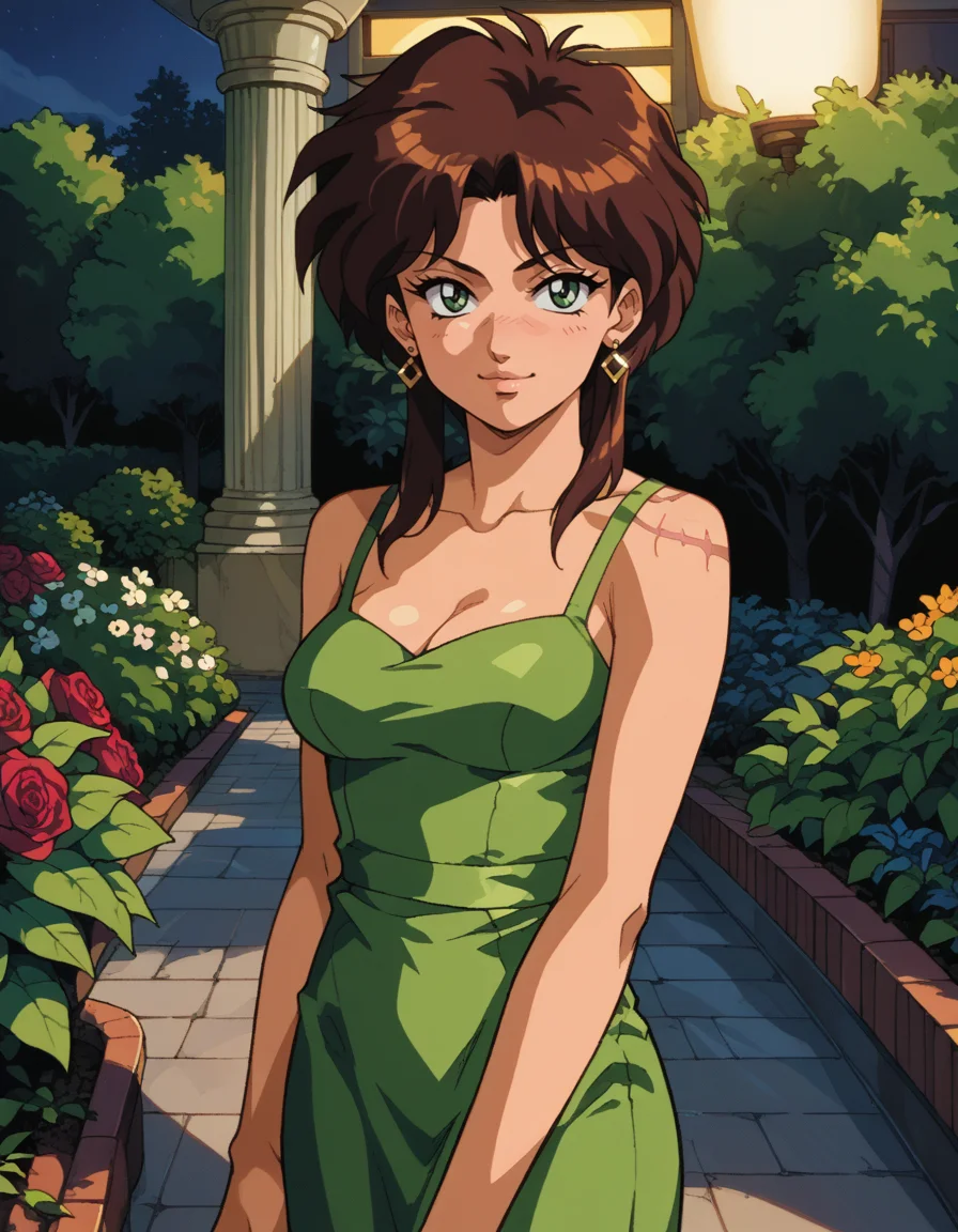score_9, score_8_up, score_7_up, score_6_up, score_5_up BREAK retro artstyle, 1990s \(style\), 1980s \(style\), (ot0m:1.2), de1, 1girl, green eyes, brown sidelocks hair, smirk, (scar on shoulder:1.1), sleeveless dress, evening gown, bare shoulders, earrings, cleavage, solo, soft light, evening, garden, outdoors, <lora:OtaKingMondayAshlinPDXL32v1.5tx1-000015:0.9>