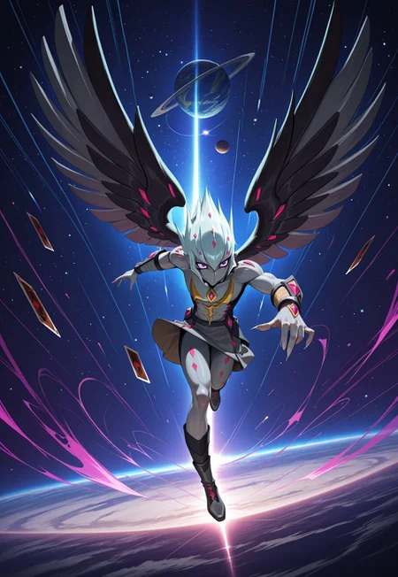 masterpiece, best quality, very aesthetic, absurdres, vectoryugioh, solo, full body, alien, 1boy, purple eyes, wings, white hair, (grey skin), mouthless, jewelry, sharp nails, bracelets, skirt, boots, card, BREAK, (extreme perspective, dynamic composition, dynamic pose, foreshortening:1.2), planet, space