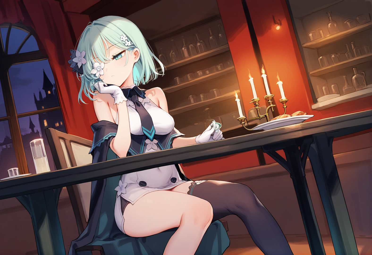 masterpiece,best quality,amazing quality,very aesthetic,high resolution,very awa,uncensored,(ciloranko:1.3),(mignon:0.8),(navel(ohisashiburi):0.6),(bee \(deadflow\):0.8),<lora:kedamaaXLillokrV5311P:0.3>,1girl,solo,solo focus,<lora:saya_origin>,saya_origin,one-eyed,((flower_on_eye:1.2)),green hair,aqua hair,flower,white flower,aqua eyes,short hair,bangs,hair flower,hair ornament,ribbon,gloves,white gloves,bare shoulders,sleeveless,black capelet,necktie,medium breasts,sheath_dress,white dress,asymmetrical legwear,thighhighs,single thighhigh,black thighhighs,
castle,table,bust,candlestand,candlelight,plate,hair_twirling,head rest,looking_away,expressionless,half-closed eyes,dim lighting,indoors,restaurant,