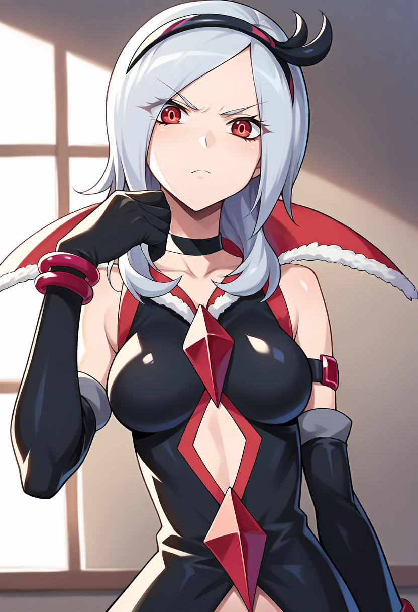 score_9, score_8_up, score_7_up, masterpiece, source_anime, 1girl, ct_setsun4, medium breasts, red eyes, grey hair, hairband, black choker, black dress, popped collar, elbow gloves, bracelet, armlet, black shorts, clothing cutout, looking at viewer, indoors, facing viewer, upper body, portrait, hand up, shiny skin, shade, v-shaped eyebrows, <lora:Higashi_Setsuna_Eas_Pony_ct_ver3:1>