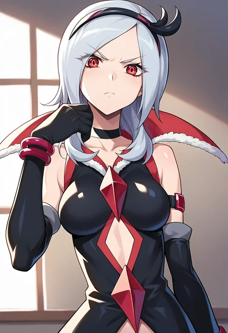 score_9, score_8_up, score_7_up, masterpiece, source_anime, 1girl, ct_setsun4, medium breasts, red eyes, grey hair, hairband, black choker, black dress, popped collar, elbow gloves, bracelet, armlet, black shorts, clothing cutout, looking at viewer, indoors, facing viewer, upper body, portrait, hand up, shiny skin, shade, v-shaped eyebrows, <lora:Higashi_Setsuna_Eas_Pony_ct_ver3:1>