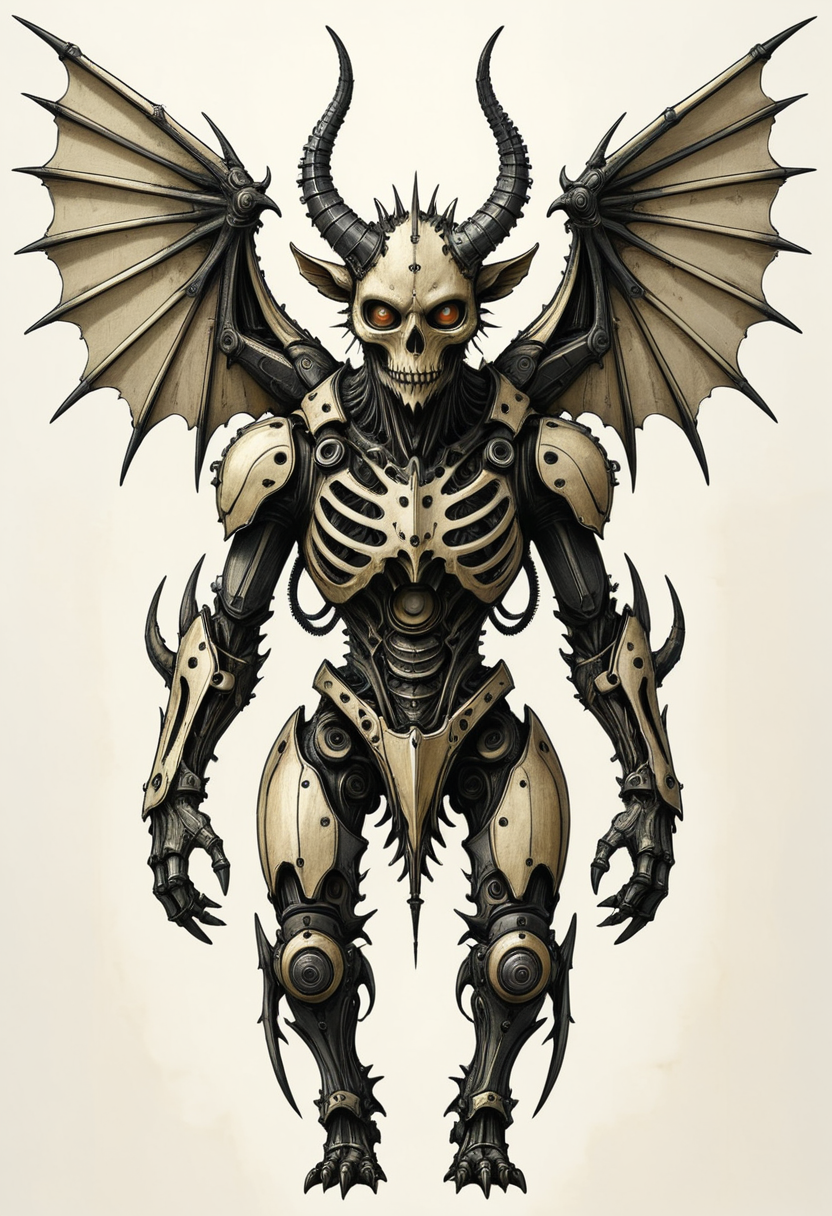 A winged demon with one wing of organic bone and sinew and the other of carbon scaffolding and gears, sketched with jagged linework and dirty color transitions, close up, white background, mobe-cybideen,