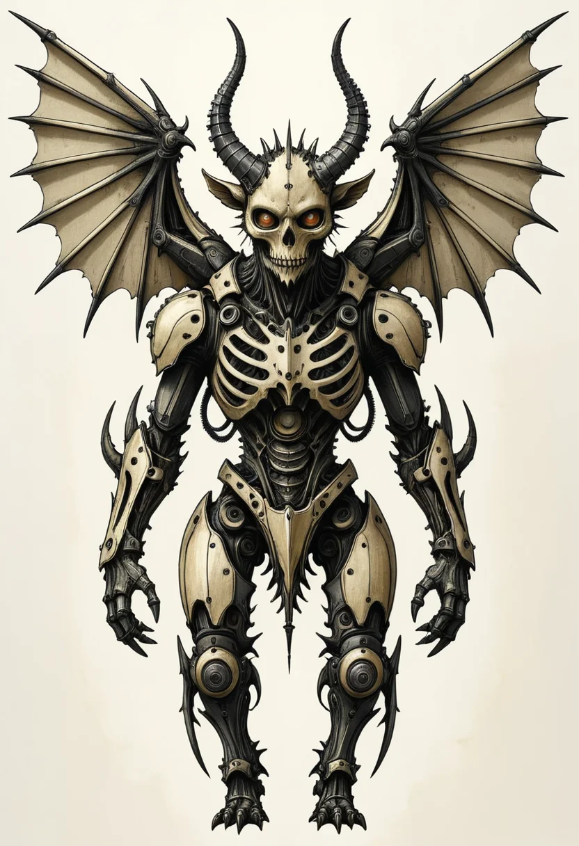 A winged demon with one wing of organic bone and sinew and the other of carbon scaffolding and gears, sketched with jagged linework and dirty color transitions, close up, white background, mobe-cybideen,