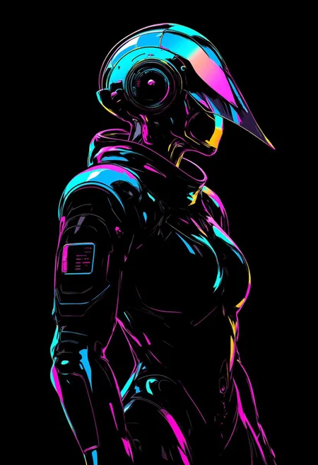 Inkpunk Anime, Silhouette Art, breathtaking detailed, masterpiece, awe-inspiring, radiant, magnificent, dark background, photorealistic silhouette of a cyberpunk robot samurai woman, robot face with mirrored face shield, hyperdetailed helmet