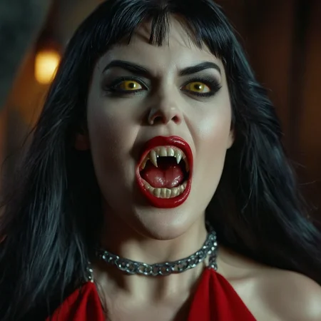 cinematic film still of  <lora:Vampirella v2:0.9>
Vampirella a closeup of a vampire woman with fangs and scary look on her face,1girl,solo,long hair,open mouth,black hair,jewelry,yellow eyes,teeth,pointy ears,necklace,lips,makeup,fangs,watermark,sharp teeth,lipstick,portrait,web address,realistic,nose,vampire,vampire,vampiric powers,comic book,real,Vampirella style , detailed, detailed background, detailed scene, detailed teeth, detailed fangs, vampireteeth, vampirefangs, perfect, perfection, cinematic, filmic, horror (themed)
 <lora:vampire teeth v3:0.6>, shallow depth of field, vignette, highly detailed, high budget, bokeh, cinemascope, moody, epic, gorgeous, film grain, grainy