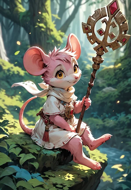 masterpiece, best quality, score_9, score_8_up, score_7_up, embedding:urn:air:pony:embedding:civitai:332646@509253, detailed background, concept art, realistic, (solo), furry mouse girl, holding magical staff, mouse tail, cute, yellow eyes, white scarf:1.2, fluffy, (ancient forest background), white dress, pink fur, bottomless, holding giant staff, staff dripping paint, sitting, from above, from side
