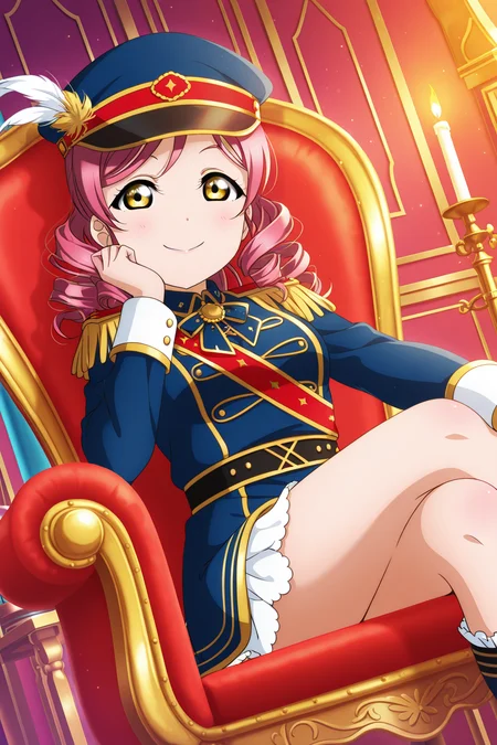 <lora:Love_Live:1>, Love Live, 1girl, hat, pink hair, solo, long hair, smile, candle, sitting, drill hair, crossed legs, looking at viewer, hat feather, epaulettes, yellow eyes, feathers, chair
