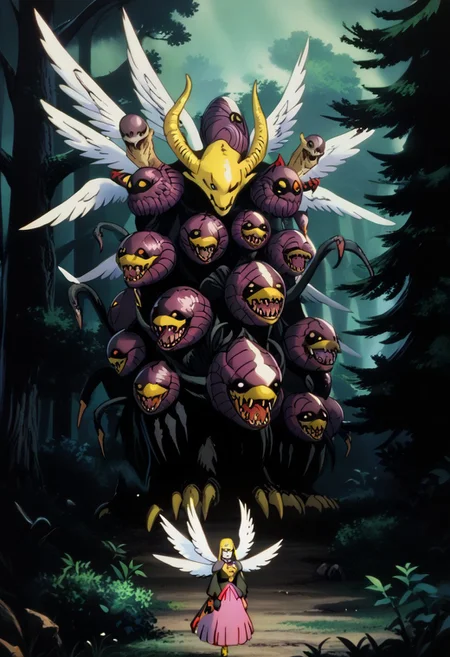 score_9, score_8_up, score_7_up, score_6_up, score_5_up, score_4_up, source_anime,NCRender,retro artstyle,outdoors,forest,dexdoru,multiple wings,angel and devil,yellow horns.full body,creature