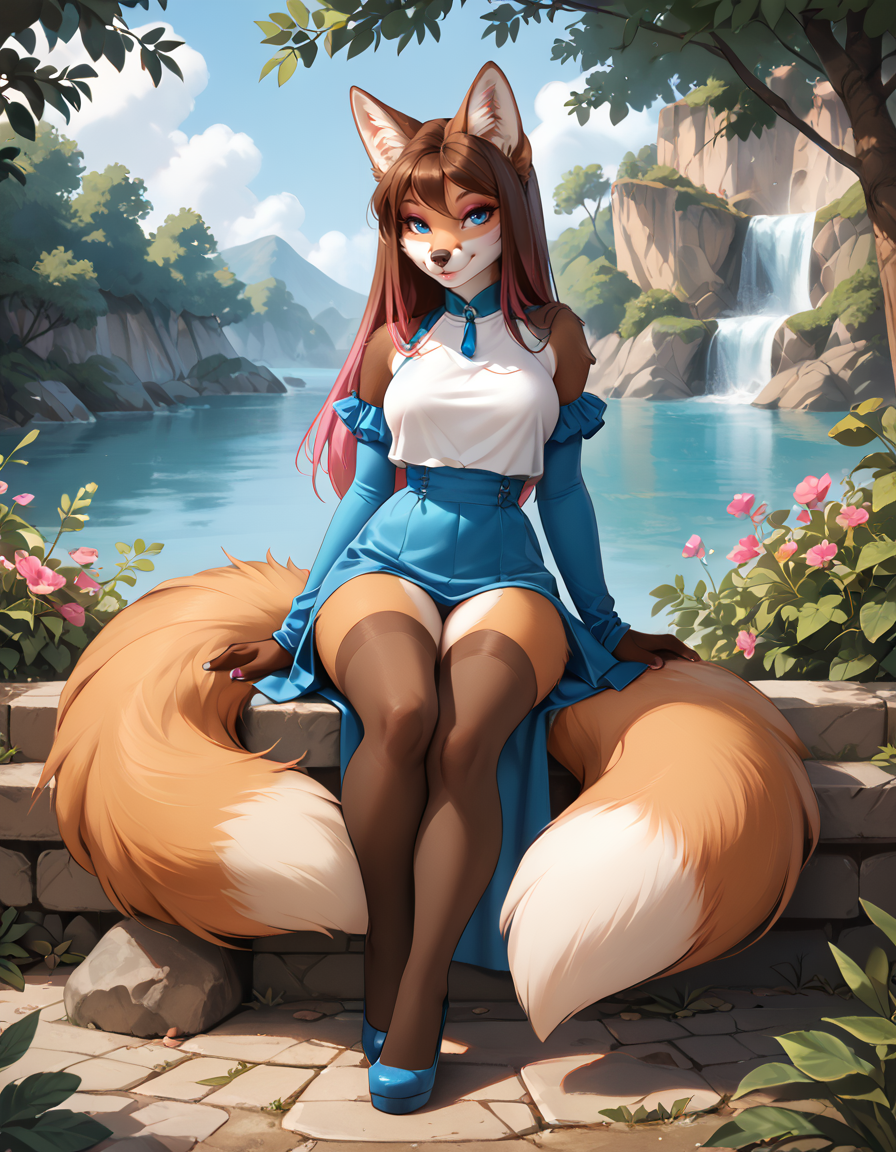 score_9,score_8_up,score_7_up,score_6_up,
outdoors,
full body,seductive smile,parted lips,long eyelashes,
<lora:add-detail-xl:1>,
<lora:Helga_v01_PDXL:1>,Helga,1girl,solo,furry female,fox girl,long hair,gradient hair,multicolored hair,fox ears,animal ear fluff,blue eyes,snout,animal nose,body fur,two tone fur,brown fur,white fur,