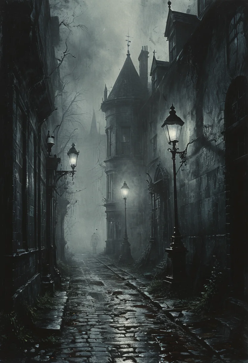 Victorian street, cobblestone road, gas lamps casting flickering light, shadowy figures, detailed gothic architecture, eerie mist, intricate details, high resolution, (dark fantasy, eerie:1.3), (haunting, atmospheric:1.2), (nightmarish:1.4), masterpiece quality <lora:Desolation:0.5>, <lora:The_Horror_Style:0.5>