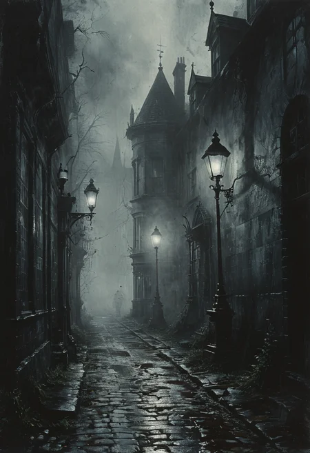 Victorian street, cobblestone road, gas lamps casting flickering light, shadowy figures, detailed gothic architecture, eerie mist, intricate details, high resolution, (dark fantasy, eerie:1.3), (haunting, atmospheric:1.2), (nightmarish:1.4), masterpiece quality <lora:Desolation:0.5>, <lora:The_Horror_Style:0.5>