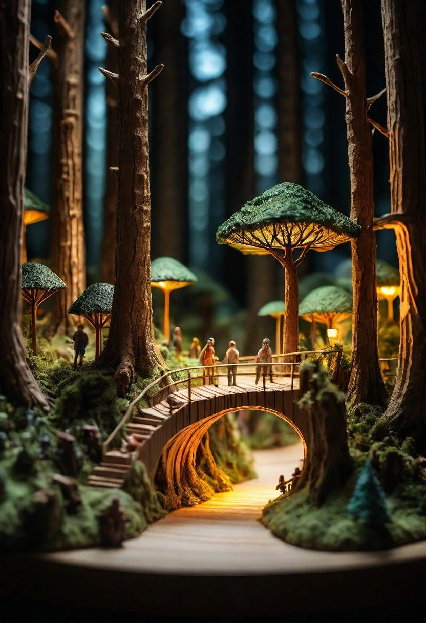 A masterpiece in the form of a wood forest world inside a beautiful, illuminated miniature forest