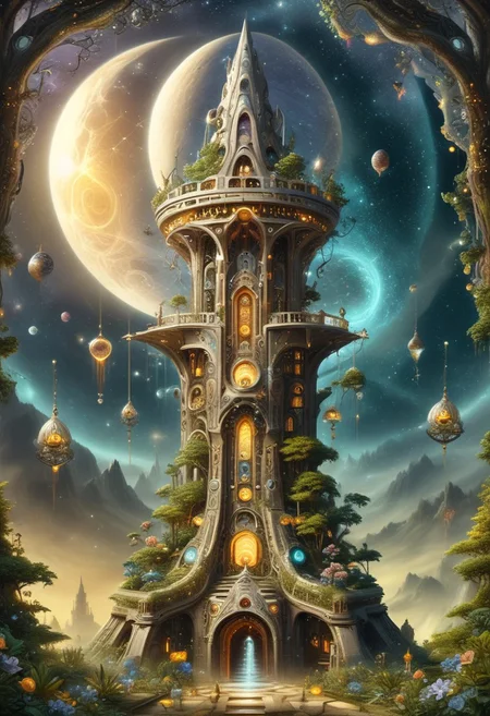 an intricate tower, biomorphic mythical serpent wrapped around tower, (negative space, layer, sigils). orbs and moons, holographic astral keys, tetrahedral trees, (three planes), stack, flower tiles, OverallDetail, DonMX3n0T3chXL