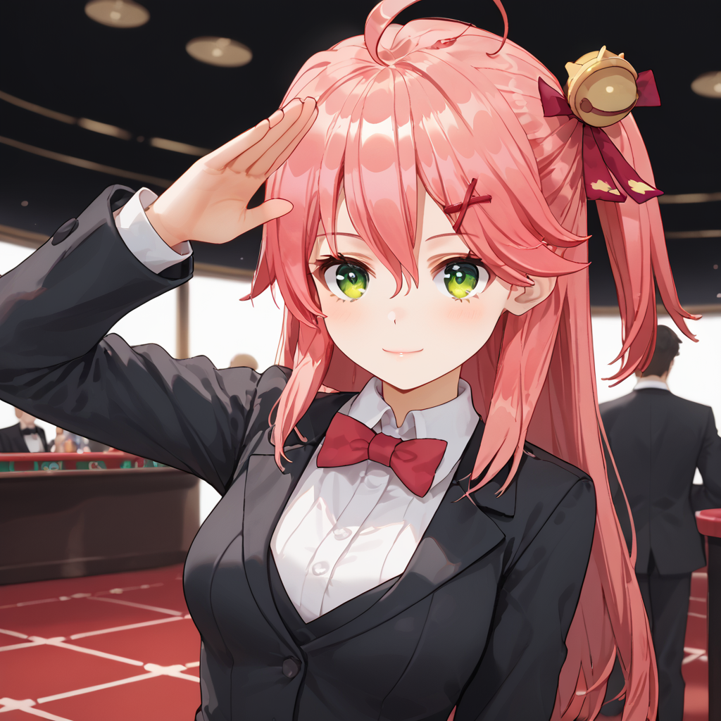 score_9,score_8_up,score_7_up,source_anime,high res image,masterpiece,best quality,woman,cute face,clear skin,shiny hair,ultra detailed eyes,1girl,<lora:Sakura_Miko_ãããã¿ã_hololiveVtube-000004:0.8>,Miko_nml,pink hair,pink hair,ahoge,long hair,one side up,cowboy shot,<lora:cnv3mdde878c738thn20:0.8>,suit,tuxedo,salute,casino,