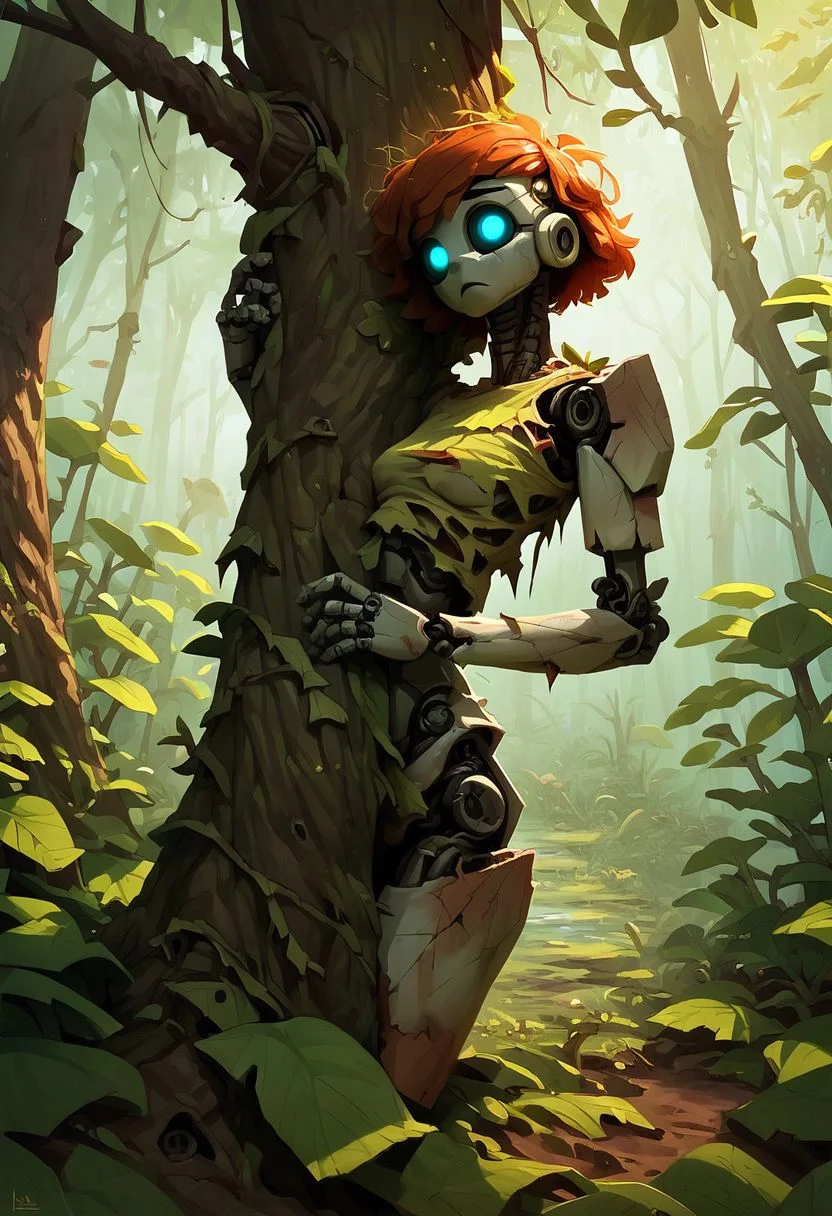 score\_9,score\_8\_up,score\_7_up, robot girl, (robot body), lush forest, leaning against a tree, surrounded by plants, abandoned, damaged parts, rusty parts,realistic, high quality
