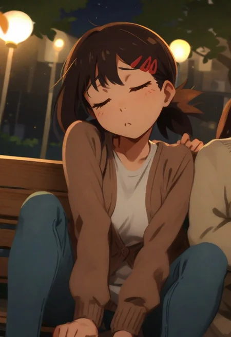 <lora:Khyle. v3:0.8>, dynamic view, Park bench, night, sleeping on viewers shoulder,
Higashiyama_Kobeni, white tank top, cardigan, open cardigan, jeans, sleeping, closed eyes, small mouth,
head,
masterpiece, best quality,