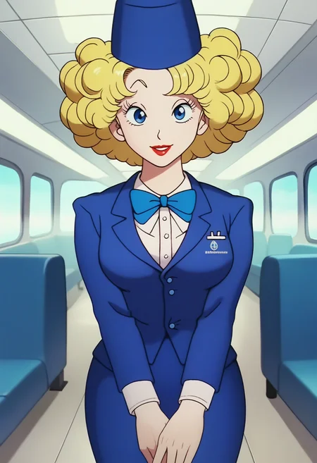 score_9, score_8_up, score_7_up, score_6_up, anime screencap, anime coloring, <lora:DBExtraGirl13:0.9>, DBExtraGirl13FFA, 1girl, solo, blonde hair, blue eyes, attendant hat, lipstick, curly hair, breasts,
blue jacket, white shirt, light blue bowtie, pencil skirt, blue skirt,
looking at viewer, v arms, smile, cowboy shot,
BREAK indoors, airplane interior,