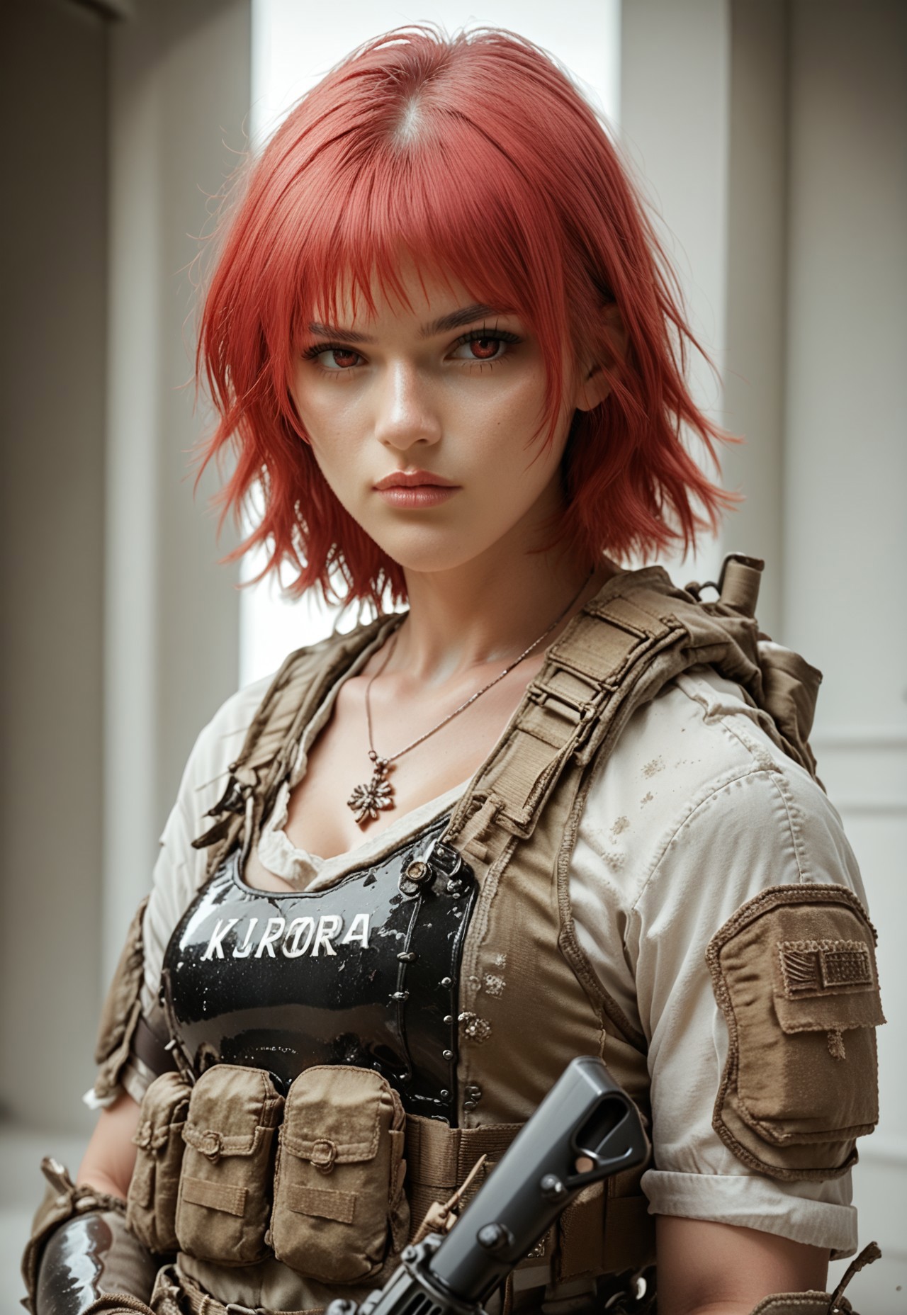 safe_pos, score_9, score_8_up, score_7_up, score_6_up, score_5_up, score_4_up <lora:Sakura-Rokujo-ponyxl>, Breasts, Solo, Necklace, Medium Breasts, Red Hair, Short Hair, Red Eyes, a beautiful woman, gloves, military, holding rifle, elbow pads, helmet, bulletproof vest, <lora:warcore-000011:1>