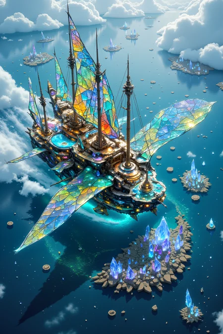 A trade ship shaped like a giant mechanical dragonfly skims across a lake of liquid crystal. Its wings are made of stained glass and thin metal filaments that shimmer with rainbow light, while its segmented body houses different levels of markets and living quarters. The liquid crystal below forms into temporary islands where the ship stops to trade, each island a different color and geometric pattern. Fantastic lighting. Detailed shadows.intricate details, vivid colors, hyper-detailed, ultra-sharp,<lora:aidmaImageUpgrader-FLUX-V0.2:0.5><lora:PinkieFluxProUltraFantasia><lora:FluxDFaeTasticDetails:0.7>