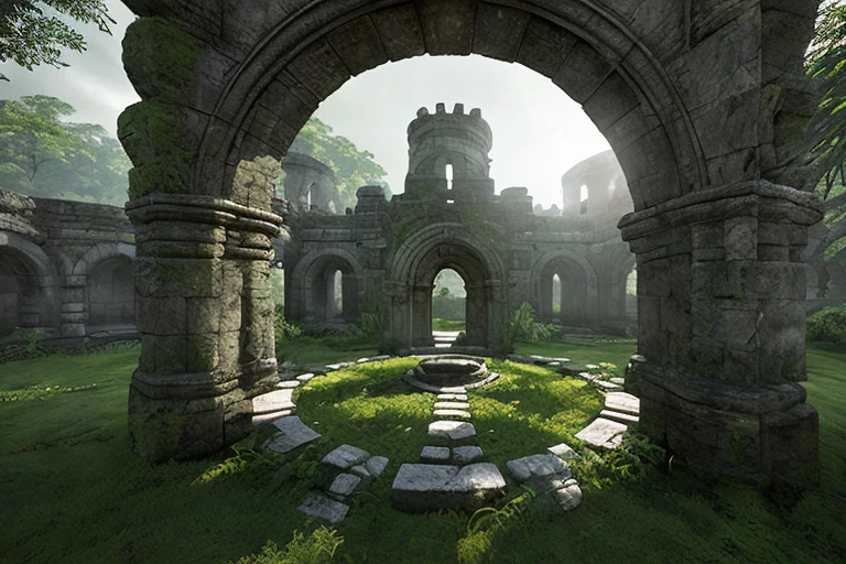 a stone structure with a circular doorway in the middle of it in a forest area with trees and bushes, style_tombraider