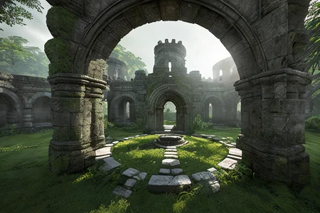 a stone structure with a circular doorway in the middle of it in a forest area with trees and bushes, style_tombraider