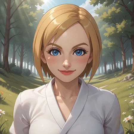 score_9, score_8, BREAK, solo, wii, mii, wii sports, 1girl, female mii, blonde hair, blue eyes, dark blonde eyebrows, blush, lips, white clothing, white pants, shoes, breasts, nintendo mii, modern_mii, classic_mii, Irina_(Wii_Sports), cute, sexy pose, self portrait, smile, outdoors, sunlight, shadows, evening lighting, natural lighting, forest, trees, grass, orange sky, sunset