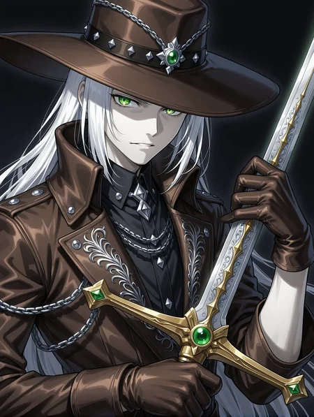 a digital drawing in a dark, anime-inspired style, it features a close-up of a male character with pale skin and striking green eyes, holding a large, ornate sword in his right hand, the character has long, flowing white hair that is slightly tousled, and is wearing a black, wide-brimmed hat adorned with small, silver studs, his attire is dark and detailed, with a high collar, a brown leather jacket, and a brown, high-collared shirt, the jacket is adorned with intricate, silver embroidery, and he wears a pair of brown leather gloves that extend to his elbows, the background is a solid black, which contrasts sharply with the character's dark attire, making them stand out vividly, the sword she holds glinting with a bright, white light, suggesting it is a powerful weapon, the overall mood of the drawing is intense and dramatic, with sharp lines and shading that enhance the texture and depth of the artwork