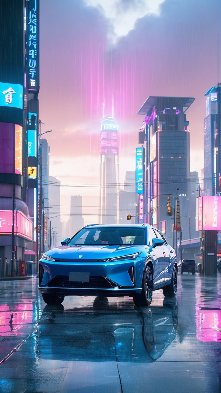 D5X,A sleek,futuristic  blue car is speeding down the wet streets of a cyberpunk city at night. The neon lights from towering skyscrapers reflect off the rain-soaked pavement,casting a vibrant glow on the scene. The city is filled with tall buildings adorned with holographic advertisements in bold,glowing colors like pink,blue,and green. The car's headlights cut through the misty rain,illuminating the slick road ahead. In the distance,you can see flying vehicles and towering structures with a mix of modern and industrial design. The atmosphere is dark,moody,and filled with the energy of a futuristic metropolis,
Makoto Shinkai style,anime-inspired,hyper-detailed backgrounds,glowing sunset,realistic yet stylized depiction of the couple,cliff,and ocean,tranquil and romantic atmosphere,<lora:D5X_XL_v1:1>,