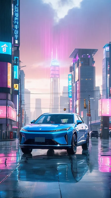 D5X,A sleek,futuristic  blue car is speeding down the wet streets of a cyberpunk city at night. The neon lights from towering skyscrapers reflect off the rain-soaked pavement,casting a vibrant glow on the scene. The city is filled with tall buildings adorned with holographic advertisements in bold,glowing colors like pink,blue,and green. The car's headlights cut through the misty rain,illuminating the slick road ahead. In the distance,you can see flying vehicles and towering structures with a mix of modern and industrial design. The atmosphere is dark,moody,and filled with the energy of a futuristic metropolis,
Makoto Shinkai style,anime-inspired,hyper-detailed backgrounds,glowing sunset,realistic yet stylized depiction of the couple,cliff,and ocean,tranquil and romantic atmosphere,<lora:D5X_XL_v1:1>,