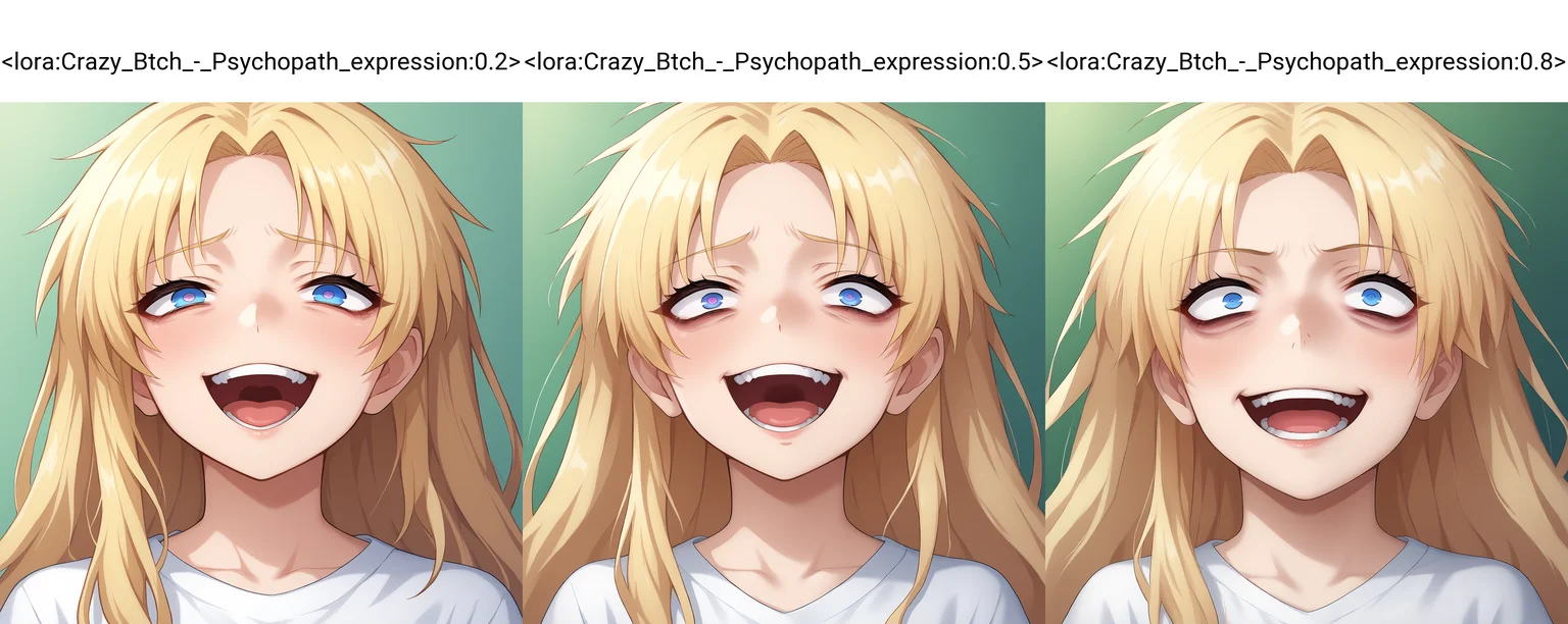 score_9,source_anime,anime style,
<lora:d3t41l3dXLP:0.25>,<lora:m0njy4XLP:0.35>,<lora:susamix010-pony:0.3>,<lora:Crazy_Btch_-_Psychopath_expression:0.2>,psych0path,gesugao,half closed eye,wide-eyed,up close,laughing,<lora:Concept_Gesugao:0.5>,long hair,white t-shirt,blond hair