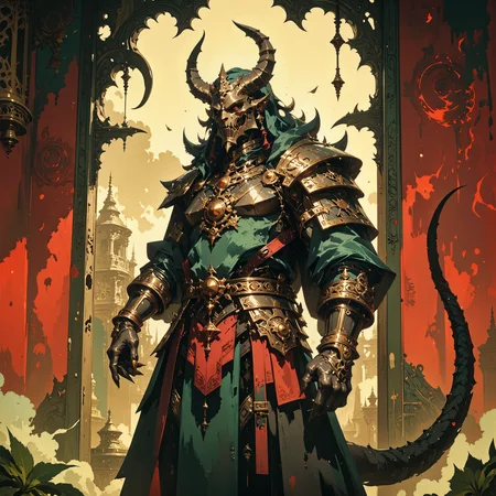 captivating and supernatural scenery on a distant world, ultra-high-resolution, famous artwork inspired by guweiz and jason engle, the "excessively hostile grouchphrumper" understands itself as the guardian of the much smaller "crazy lubfurblers," it is a strange and fearsome creature that likes to decorate its crystalline armor plates with mysterious glyphs of astargled zoodlecrunch, the image shows it standing guard in an overgrown ruin filled with exibilliarouted artifacts on planet "grummelheim vi", creature focus, very aesthetic, extremely detailed, ultra high resolution, 8k, 4k, harmonising colors, ovg, painting, g0thicl1nes, <lora:image_upgrade-flux-by_zeronwo7829:0.76> <lora:style-gothic_oil_painting-flux-by_freckledvixon:0.92> <lora:style-mythic_fantasy-gothic_lines-flux-by_velvets:0.64>