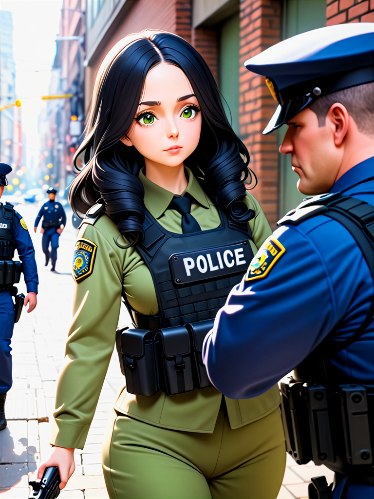 anime, best quality, (masterpiece:1.4), (high quality:1.4), sharp focus, 4k, absurd resolution, detailed hands, curly hair, long hair, (black hair:1.6), 1girl, mature female, (parted hair:1.7), (round face), (no_bangs:1.3), (no_fringe:1.6), <lora:ETO_OC_XL:0.7>, (thick eyebrows:0.9), (plump:0.8), round-chin, (greenish brown eyes), (brownish green eyes), caucasian, down-turned eyes, 1girl, (forehead:0.65), <lora:swat gear_xl:0.7> swat gear, weapon, (kissing), gun, uniform, police, rifle, street, officers, soldier, military, officer,