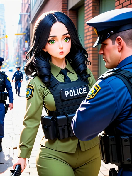 anime, best quality, (masterpiece:1.4), (high quality:1.4), sharp focus, 4k, absurd resolution, detailed hands, curly hair, long hair, (black hair:1.6), 1girl, mature female, (parted hair:1.7), (round face), (no_bangs:1.3), (no_fringe:1.6), <lora:ETO_OC_XL:0.7>, (thick eyebrows:0.9), (plump:0.8), round-chin, (greenish brown eyes), (brownish green eyes), caucasian, down-turned eyes, 1girl, (forehead:0.65), <lora:swat gear_xl:0.7> swat gear, weapon, (kissing), gun, uniform, police, rifle, street, officers, soldier, military, officer,