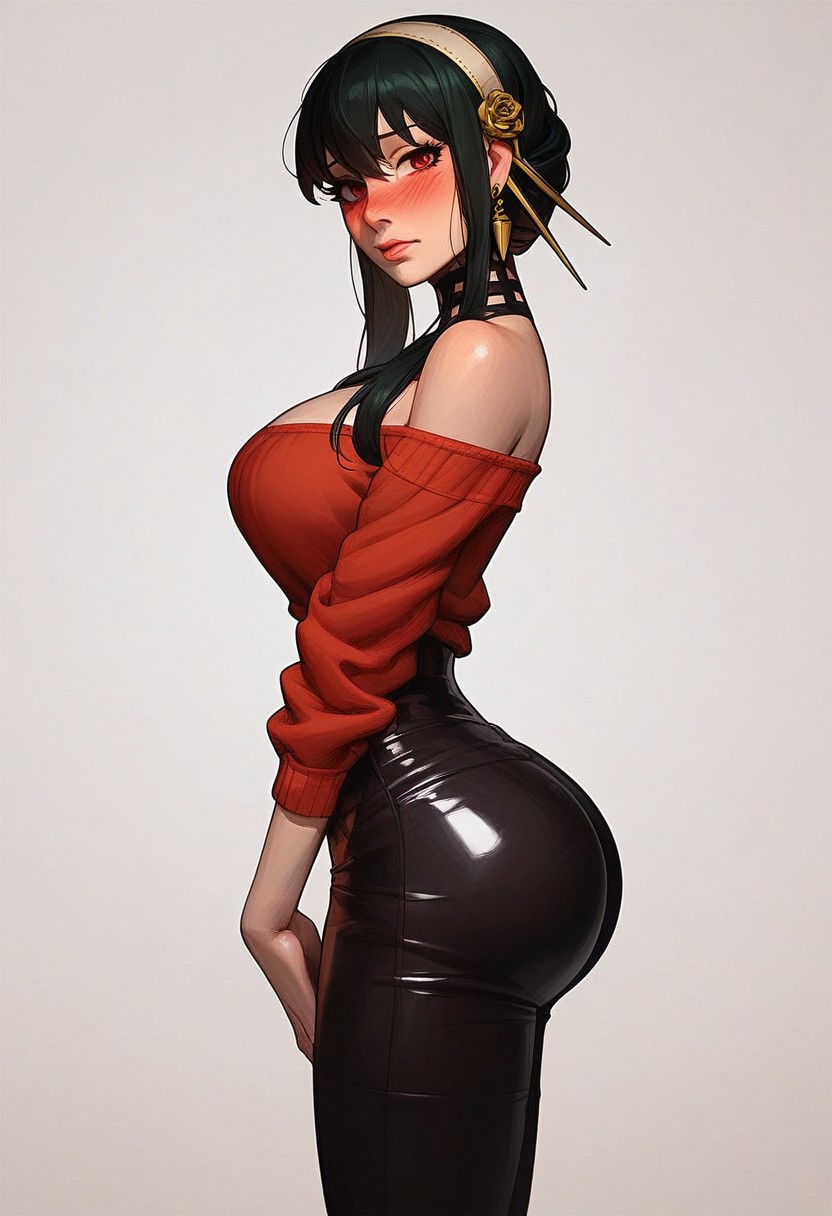 score_9, score_8_up, score_7_up, score_6_up, pretty face, sexy woman , kawaii face, horny face,  1girl, yor, briar, perfect face, red sweater, black pants, yor briar cosplay, yor briar, blushing, wide hips,  large breast, perfect eyes, beautiful face, ass focus, embarrassed , standing, bubble ass ,  glossy style, shiny skin, ass focus, ass view, bubble ass, slim girl, side view